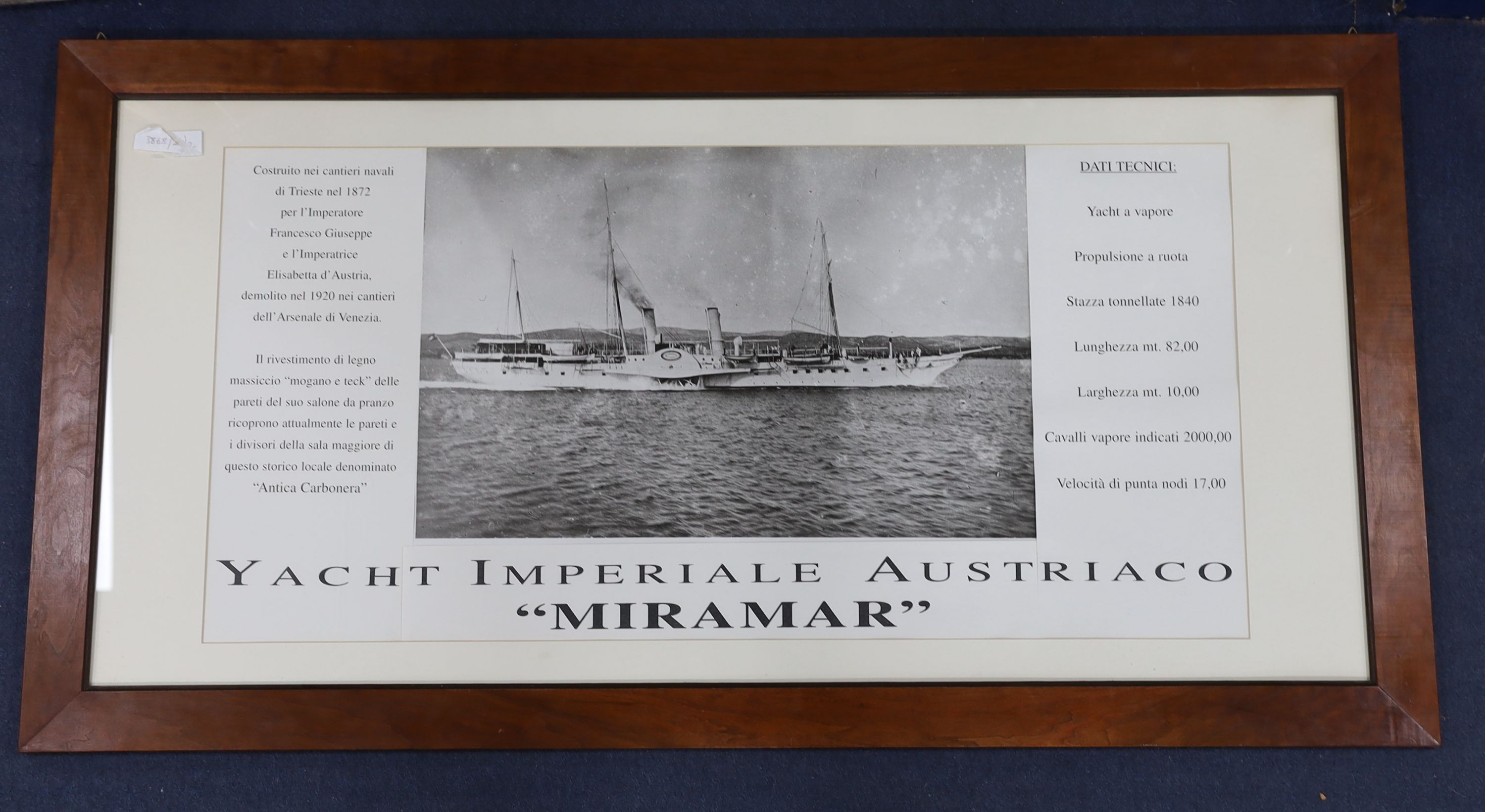 An Italian monochrome print of the steam yacht Miramar, 48 x 98cm